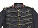 a black military jacket with gold buttons and a red collar