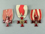 three medals are displayed on a gray surface with a red and white striped ribbon