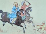 un tableau représentant deux personnes à cheval avec un chien