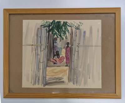 une photo d'un tableau représentant une femme assise dans une hutte en bambou