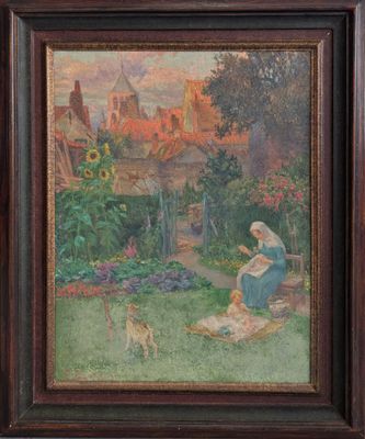 une peinture à l'huile représentant une femme assise dans un jardin avec un chien