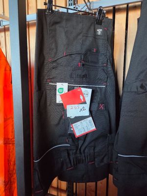 two pairs of pants hanging on a rack in a store