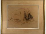 dessin représentant une femme nue allongée sur un lit, la tête posée sur un oreiller