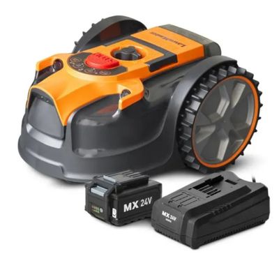 une tondeuse robotisée équipée d'une batterie et d'un chargeur