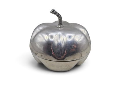 une boîte argentée en forme de pomme posée sur une surface blanche