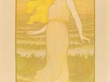 un tableau représentant une femme en robe jaune debout sur une plage