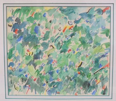 peinture abstraite composée de coups de pinceau verts et bleus sur fond blanc