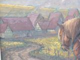 a painting of a horse standing in front of a house