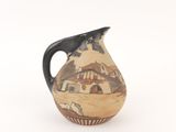 a small vase with a painting on it sitting on a table