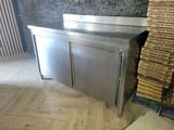 a stainless steel counter in a room with boxes of pizza on the floor