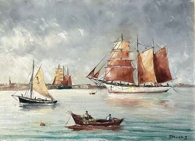 a painting of a group of sailboats in the water