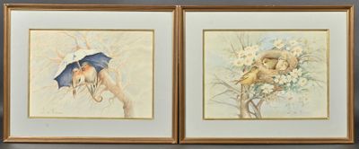 painting of two framed pictures of birds and flowers on a wall