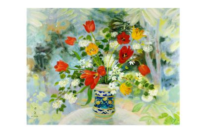 a painting of flowers in a vase on a table
