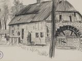 dessin représentant une vieille maison avec une roue à eau devant