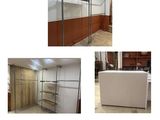 several pictures of a room with a bed and a closet