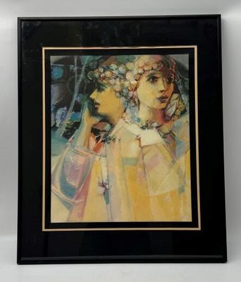 tableau représentant une femme en robe jaune et un homme en chemise blanche