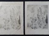 two drawings of a man on a horse and a woman on a horse