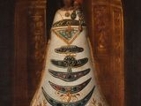une peinture à l'huile représentant une femme en robe blanche, coiffée d'une couronne