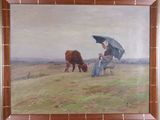a painting of a man sitting on a bench with an umbrella over his head