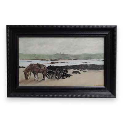 tableau représentant des chevaux tirant une charrette sur la plage, avec un homme à l'arrière-plan