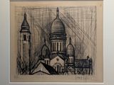 a drawing of a church with a clock tower in the background