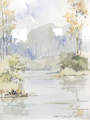 une aquarelle représentant une rivière avec des arbres et des bâtiments en arrière-plan