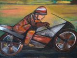 tableau représentant un homme à moto sur une route, portant un casque