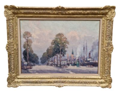 une image représentant une peinture d'une rue de ville avec des arbres et des bâtiments en arrière-plan