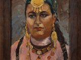 une peinture à l'huile représentant une femme vêtue d'une robe rose et portant des bijoux en or