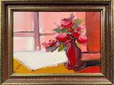 un tableau représentant un vase rouge contenant des fleurs roses