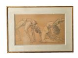 dessin encadré représentant deux nus à genoux sur un fond beige