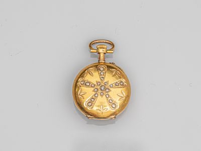 an image of a gold pocket watch with diamonds on the dial