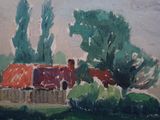 a painting of a house and trees in a field