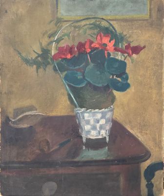 peinture d'un vase de fleurs sur une table dans une pièce