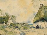 a painting of a group of people sitting on a hill