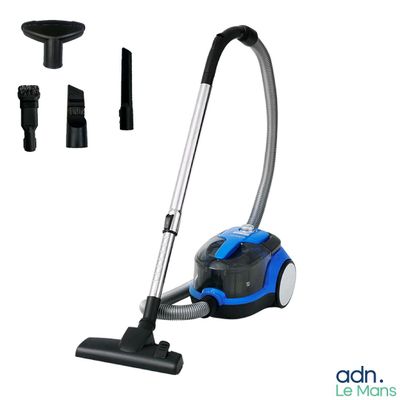 un gros plan sur un aspirateur bleu et noir et ses accessoires