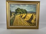 a painting of a field of hay with a tree in the background