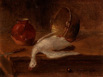 un tableau représentant un canard et un pot posés sur une table