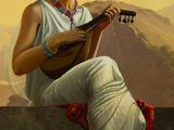 painting of a woman sitting on a wall playing a guitar