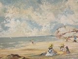a painting of people sitting on the beach by the water