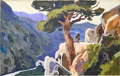 un tableau représentant un homme à cheval sur le flanc d'une montagne