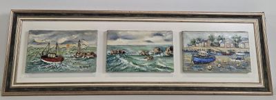 painting of boats in the water and a city in the distance