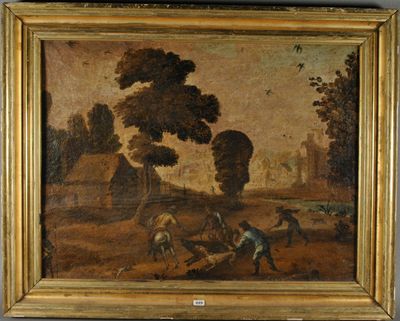 une image représentant un tableau où l'on voit un homme labourant un champ avec un cheval