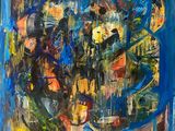 a painting of a blue and yellow abstract painting on a blue background