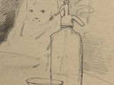 un dessin représentant une bouteille et une tasse posées sur une table