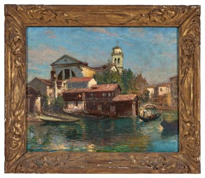 un tableau représentant un bateau sur une rivière, avec des bâtiments en arrière-plan