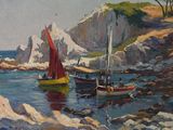 two boats that are sitting on the water near the rocks
