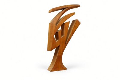 wooden sculpture of a tree with curved branches on a white background
