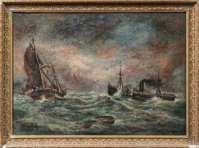 une peinture à l'huile représentant deux navires sur une mer agitée, avec le ciel en arrière-plan