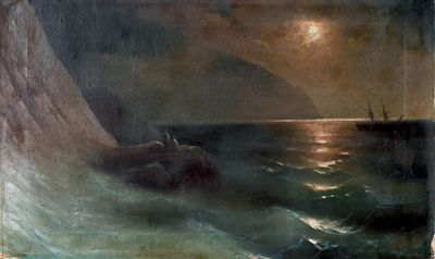 une image représentant un tableau d'un bateau sur l'océan, de nuit